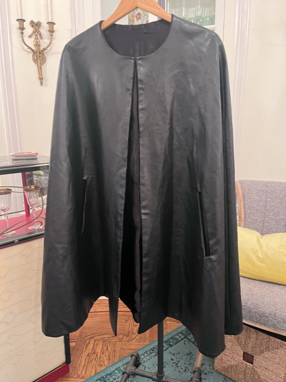 Women's Vintage 70s Black Leather Cape Coat